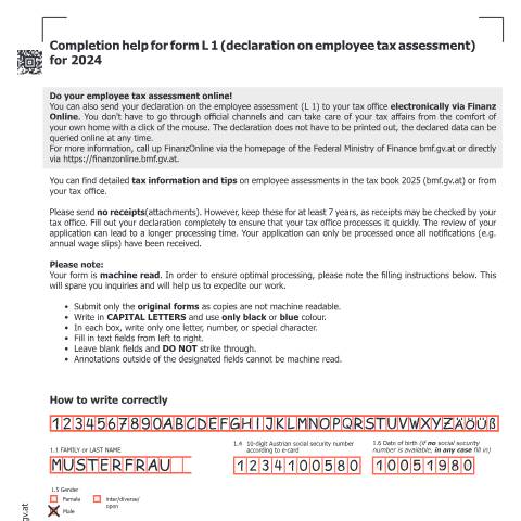 Dokumentvorschau: L2-UK — Completion help for form L 1 (declaration on employee tax assessment) for 2024 — Steuern, Österreich (CERFA n°L2-UK)