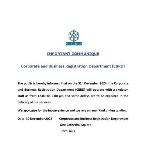 Document preview: IMPORTANT COMMUNIQUE – 31st December 2024 — Notice / Circular, Mauritius (CERFA n°IMPORTANT-COMMUNIQUE-31st-December-2024)
