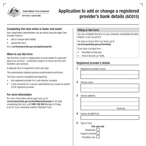 Document preview: Application to add or change approved care service's bank details form (AC015) — Services Australia — Health professionals, Australia (CERFA n°AC015)