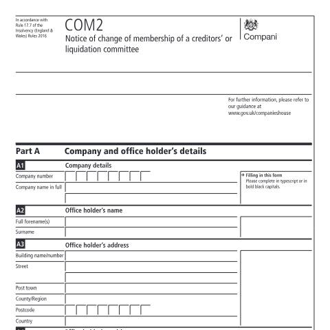 Document preview: Give notice of change of membership of a creditors' or liquidation committee (COM2) — Companies House, United Kingdom