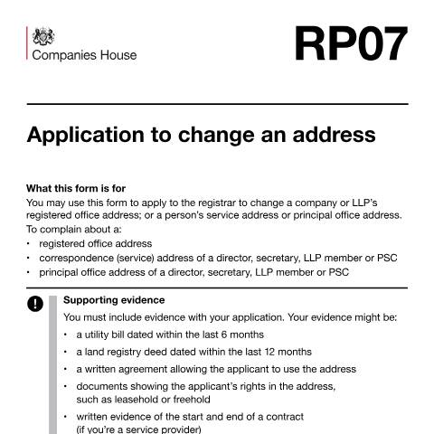 Document preview: Apply to change an address (RP07) — Companies House, United Kingdom