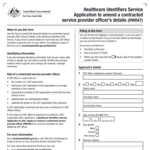 Document preview: HI Service - application to amend a contracted service provider officer's details form (HW047) — Services Australia — Health professionals, Australia (CERFA n°HW047)