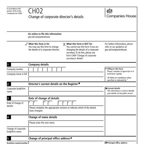 Document preview: Change the details of a corporate director (CH02) — Companies House, United Kingdom