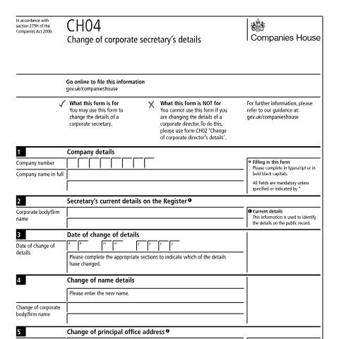 Document preview: Change the details of a corporate secretary (CH04) — Companies House, United Kingdom