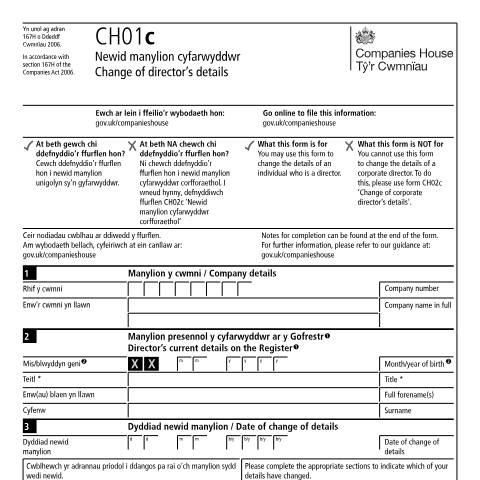 Document preview: Change the details of a director (CH01c) — Companies House, United Kingdom