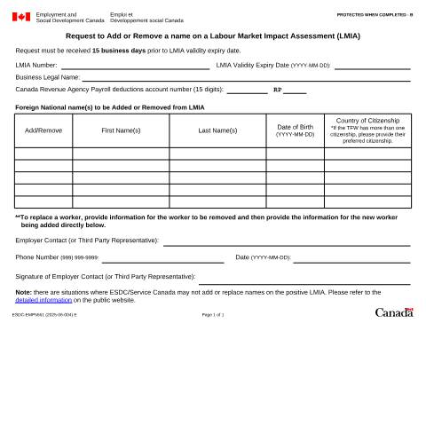 Document preview: Request to add or remove a Foreign National’s name — Foreign Worker Program, Canada (CERFA n°ESDC-EMP5661)