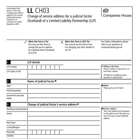 Document preview: Change service address for a judicial factor of a limited liability partnership (LL CH03) — Companies House, United Kingdom
