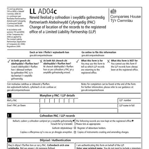 Document preview: Change location of records to registered office: limited liability partnership (LL AD04c) — Companies House, United Kingdom