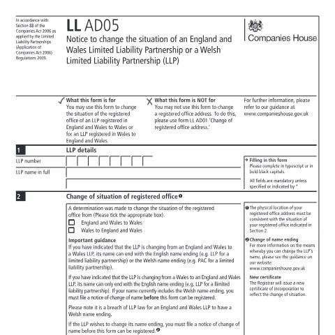 Document preview: Change situation of an England and Wales or Welsh limited liability partnership (LL AD05) — Companies House, United Kingdom