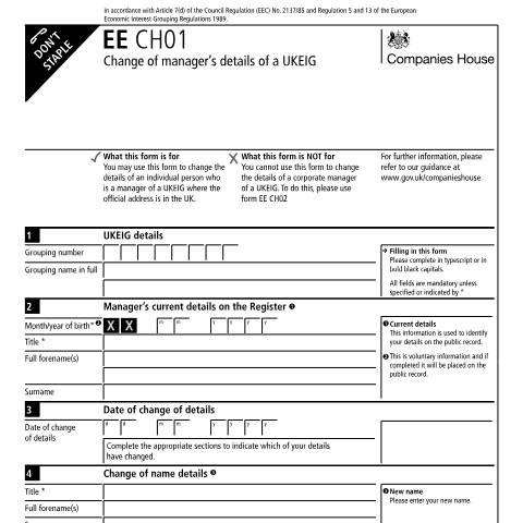 Document preview: Change the details of a manager of a UK economic interest grouping (UKEIG) where the official address is in the UK (EE CH01) — Companies House, United Kingdom
