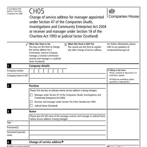 Document preview: Change the service address for a manager (CH05) — Companies House, United Kingdom