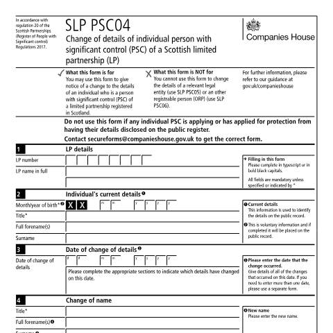 Document preview: Give notice to change details of a person with significant control of a Scottish limited partnership (SLP PSC04) — Companies House, United Kingdom