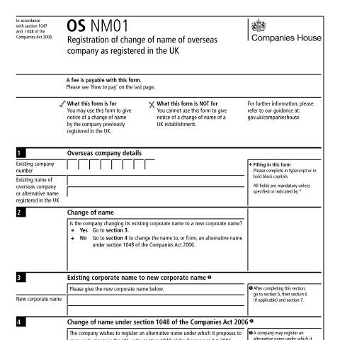 Document preview: Give notice of change of name of overseas company as registered in the UK (OS NM01) — Companies House, United Kingdom