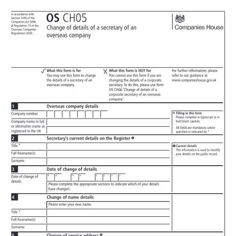Document preview: Change details of a secretary of an overseas company (OS CH05) — Companies House, United Kingdom