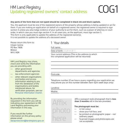 Document preview: Update registered owners' contact address (COG1) — HM Land Registry, United Kingdom