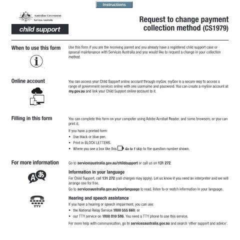 Document preview: Request to change payment collection method — Services Australia — Individuals (by code), Australia (CERFA n°CS1979)