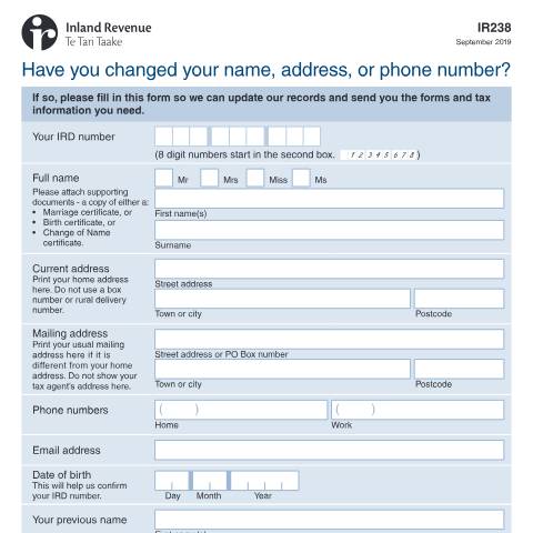 Document preview: Have you changed your name, address or phone number? — Managing my tax, New Zealand (CERFA n°IR238)