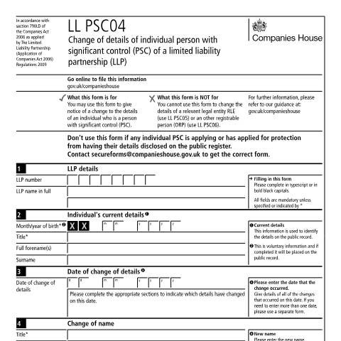 Document preview: Give notice to change details of a person with significant control of a limited liability partnership (LL PSC04) — Companies House, United Kingdom