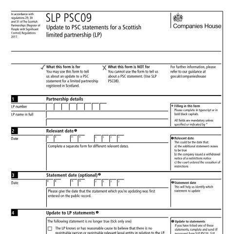 Document preview: Give notice of update to PSC statements for a Scottish limited partnership (SLP) (SLP PSC09) — Companies House, United Kingdom