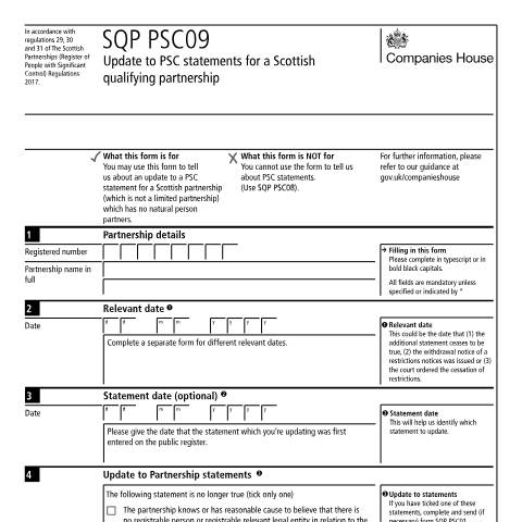 Document preview: Give notice of update to PSC statements for a Scottish qualifying partnership (SQP) (SQP PSC09) — Companies House, United Kingdom
