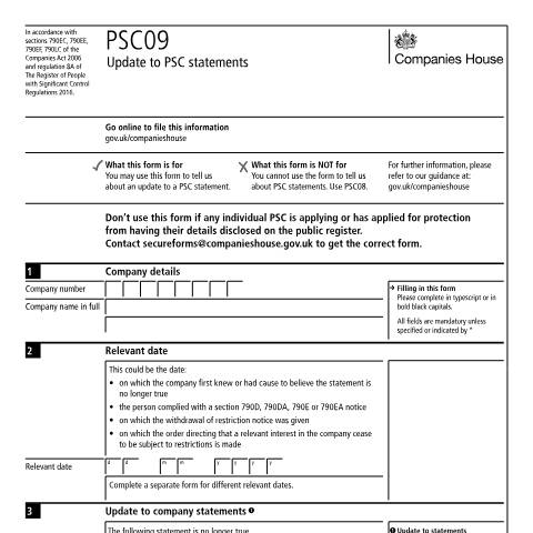 Document preview: Give notice of update to PSC statements (PSC09) — Companies House, United Kingdom