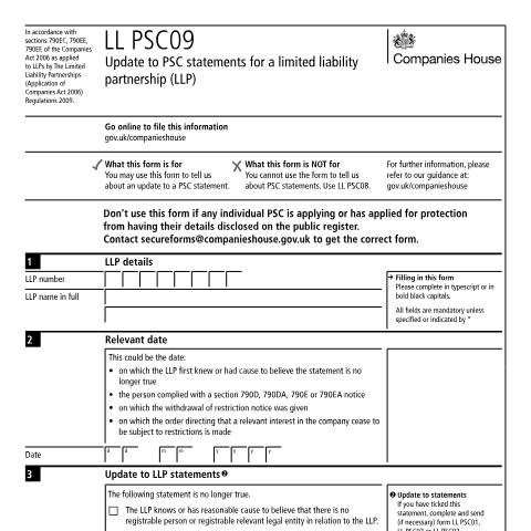 Document preview: Give notice of update to PSC statements for a limited liability partnership (LLP) (LL PSC09) — Companies House, United Kingdom