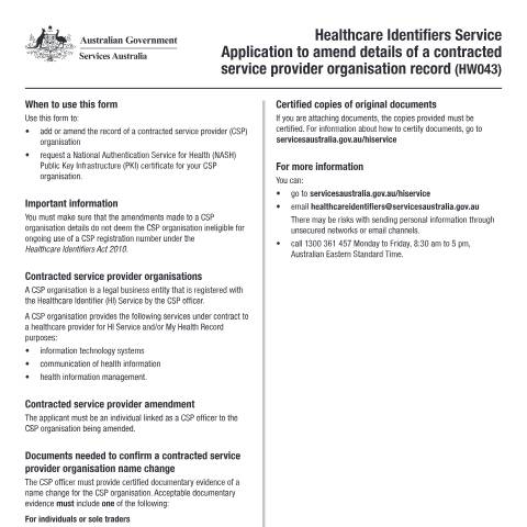 Document preview: HI Service - application to amend details of a contracted service provider organisation record form (HW043) — Services Australia — Health professionals, Australia (CERFA n°HW043)