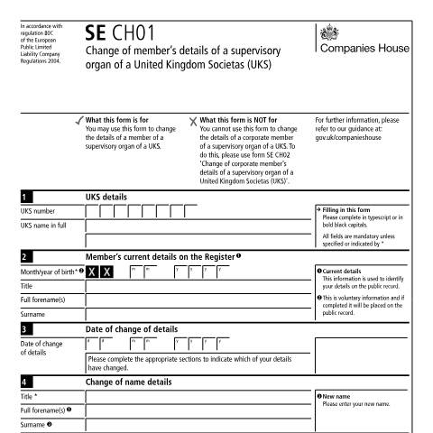 Document preview: Change member's details of a supervisory organ of a UK societas (SE CH01) — Companies House, United Kingdom