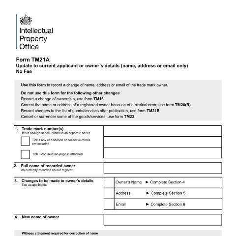 Document preview: Update to current applicant or owner’s details (name, address or email only) — Intellectual Property Office, United Kingdom