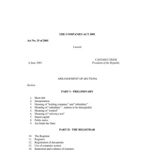 Document preview: Updated Companies Act 2001 150526 — Act / Law, Mauritius (CERFA n°Updated-Companies-Act-2001-150526)