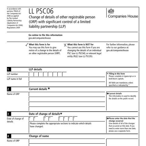 Document preview: Give notice changing details of other person with significant control of a limited liability partnership (LL PSC06) — Companies House, United Kingdom
