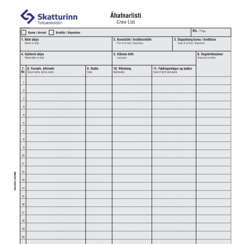 Document preview: TO5 Crew List Icelandic / English — Customs, Ísland
