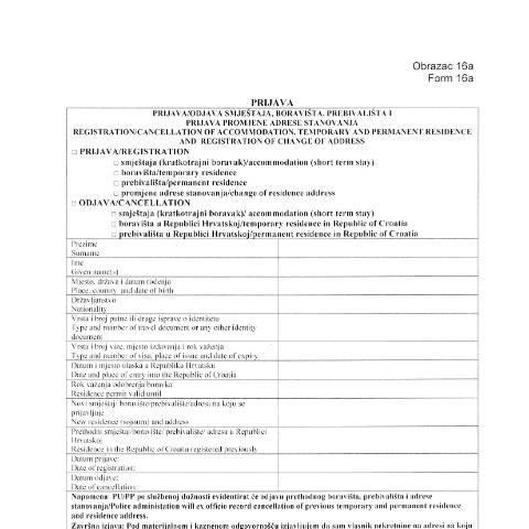 Document preview: Obrazac-prijave-i-odjave-smjestaja-boravista-i-prebivalista-za-drz-trecih-zemalja-(Obrazac-16a) — MUP (interieur), Hrvatska (CERFA n°Obrazac-prijave-i-odjave-smjestaja-borav)
