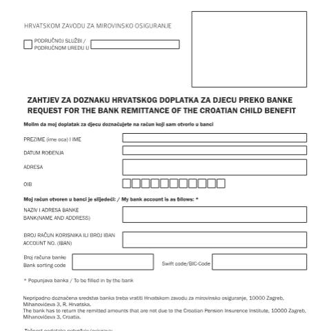 Document preview: Tiskanica 7-7 Zahtjev za doznaku hrvatskog dd preko banke — Mirovinsko (pension), Hrvatska (CERFA n°Tiskanica 7)