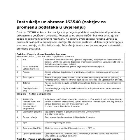 Document preview: Instrukcije uz obrazac JS3540 — Uputstvo, Bosna i Hercegovina (CERFA n°I2)