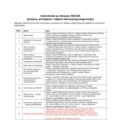 Document preview: Instrukcije uz obrazac JS3100 (prijava, promjena i odjava obaveznog osiguranja) — Uputstvo, Bosna i Hercegovina (CERFA n°I5)