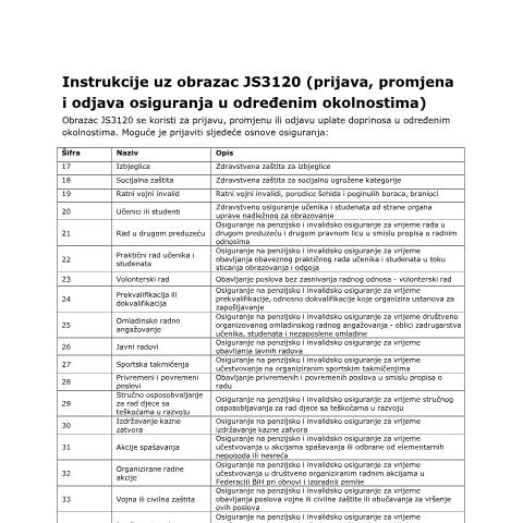 Document preview: Instrukcije uz obrazac JS3120 (prijava, promjena i odjava osiguranja u određenim okolnostima kao i lica osiguranih po drugim osnovama) — Uputstvo, Bosna i Hercegovina (CERFA n°I4)