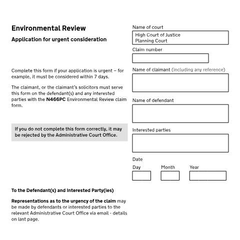 Document preview: Environmental review - Application for urgent consideration: Form N468PC (Planning Court) — HM Courts & Tribunals Service, United Kingdom