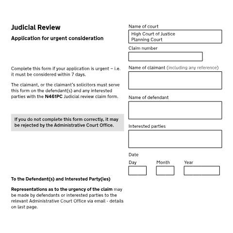 Document preview: Ask the Planning Court to urgently consider a claim for a judicial review: Form N463PC — HM Courts & Tribunals Service, United Kingdom