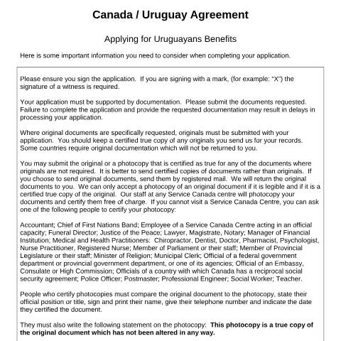 Document preview: Uruguay/Canada Agreement - Application for a Uruguayan Invalidity pension — Income Security Programs, Canada (CERFA n°UR-CA_01_(I))