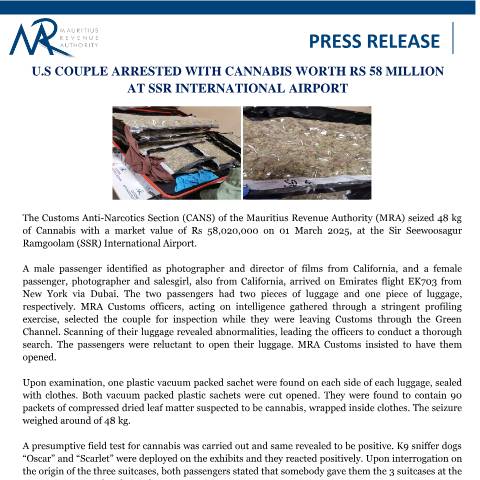 Document preview: U.S couple arrested with cannabis worth Rs 58 Million at SSR International Airport (03.03.25) — Document, Mauritius (CERFA n°PRelease58M)
