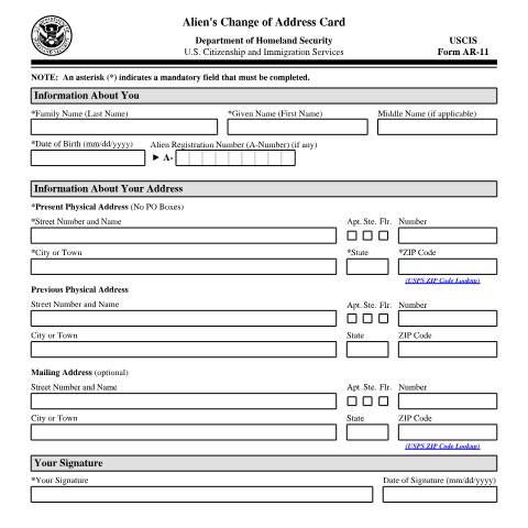 Document preview: USCIS Form AR-11 — USCIS, United States (CERFA n°AR-11)