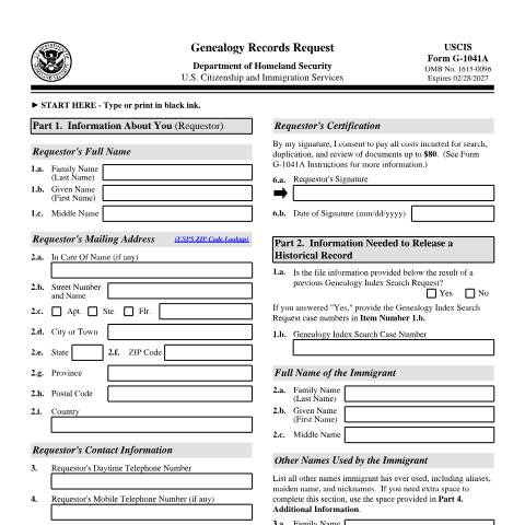 Document preview: USCIS Form G-1041A — USCIS, United States (CERFA n°G-1041A)