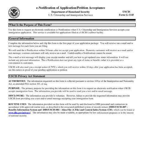 Document preview: USCIS Form G-1145 — USCIS, United States (CERFA n°G-1145)