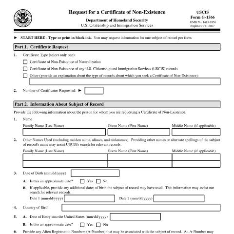 Document preview: USCIS Form G-1566 — USCIS, United States (CERFA n°G-1566)