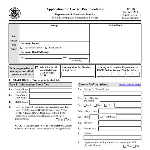 Document preview: USCIS Form I-131A — USCIS, United States (CERFA n°I-131A)