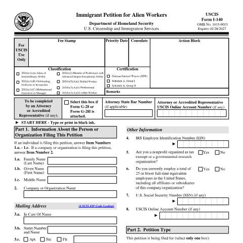 Document preview: USCIS Form I-140 — USCIS, United States (CERFA n°I-140)
