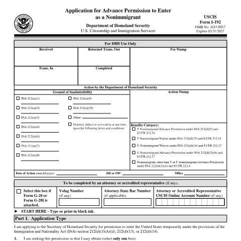 Document preview: USCIS Form I-192 — USCIS, United States (CERFA n°I-192)