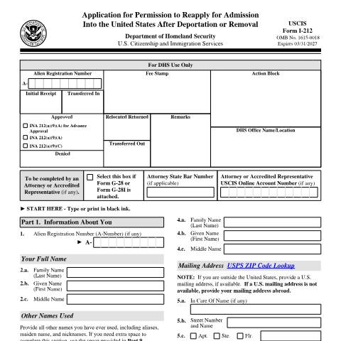 Document preview: USCIS Form I-212 — USCIS, United States (CERFA n°I-212)