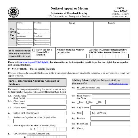 Document preview: USCIS Form I-290B — USCIS, United States (CERFA n°I-290B)